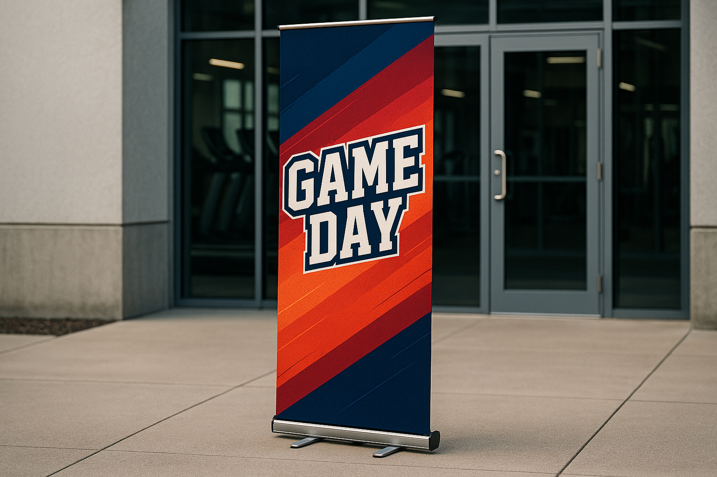 picture of a vertical banner display outside of a gym that says game Day